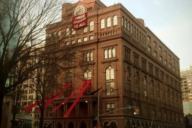A photo of the Cooper Union building and the banner dropped by protesters yesterday